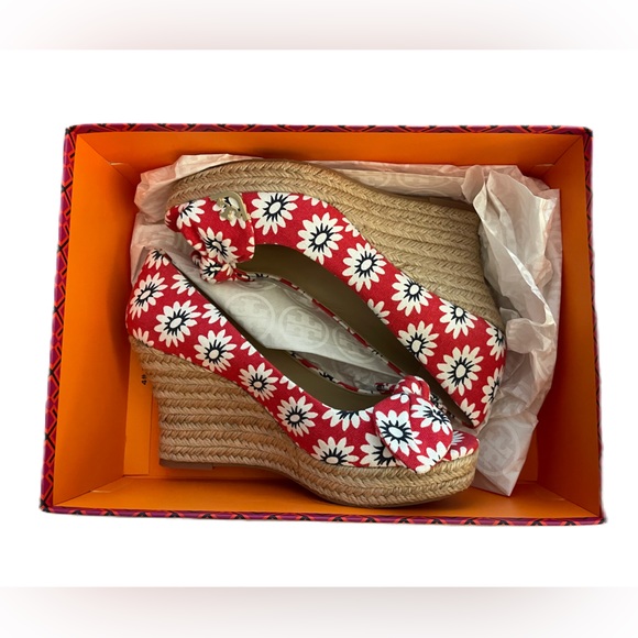 Tory Burch Dory Nantucket Red Navy Sea White Primrose Peep Toe Espadrille Wedges - Picture 5 of 15